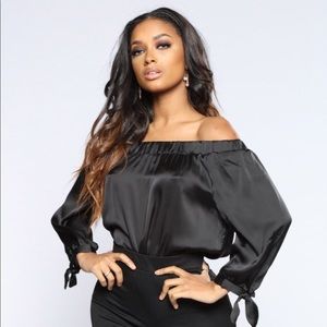 Black satin off the shoulder shirt